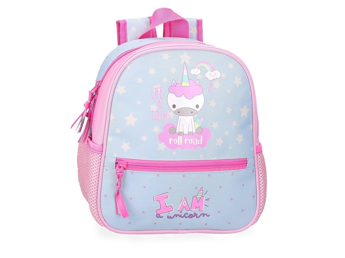 Mochila escolar enrollable de poliéster azul claro con la frase "I Am A Unicorn"