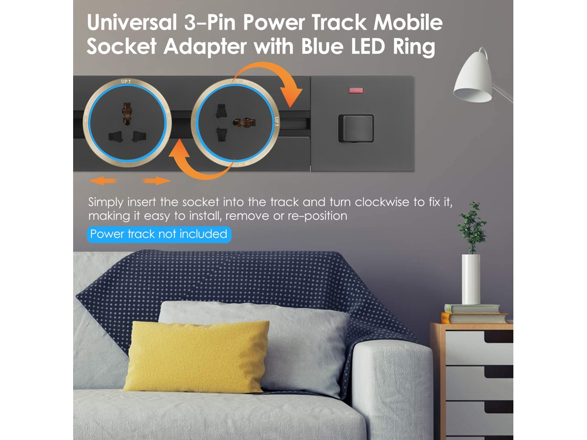 Enchufe Universal De Riel Eléctrico De 3 Pines Con Anillo Led Azul, Deslizante Y Seguro.