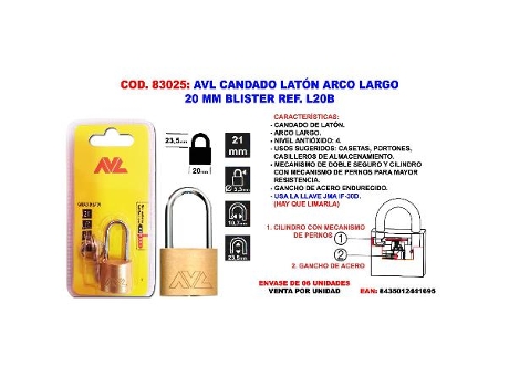 Avl candado laton a-largo 20 m.m. blister l20b
