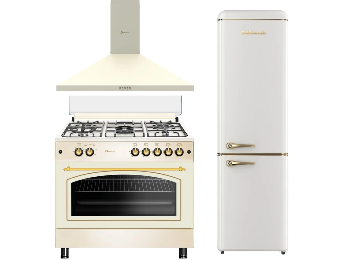 Pack Combo Solthermic® Rustic Cream Cocina a Gas 90x60 Horno Panorámico Campana Extractora 90 Crema Frigorífico Combi Retro 1.88 Crema
