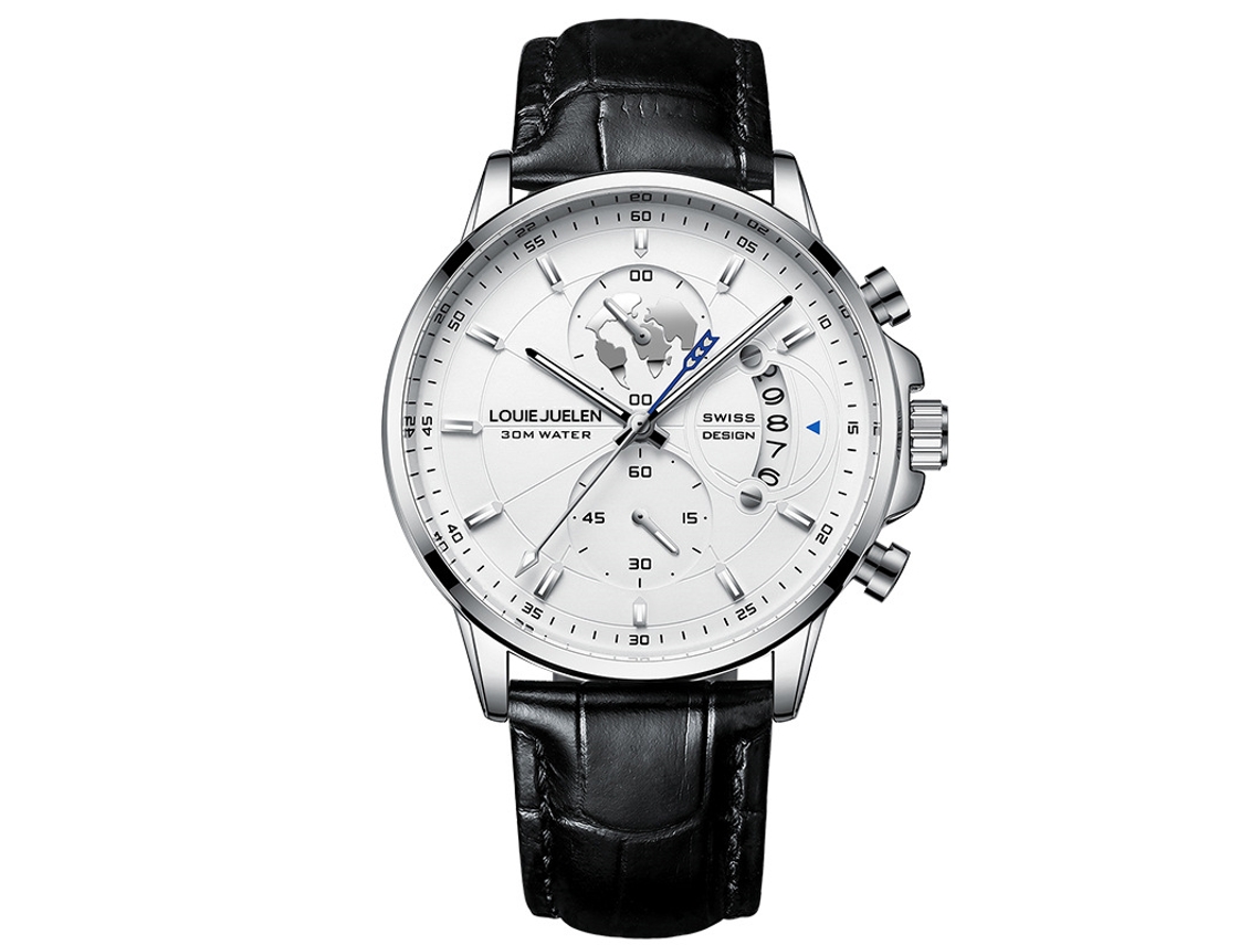 Reloj hombre negocios con cronógrafo 3 subesferas. Pulsera cuero, luz nocturna y cuarzo a prueba de agua.