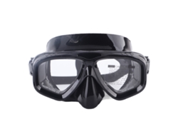 Gafas de buceo negras con correa de silicona ajustable.