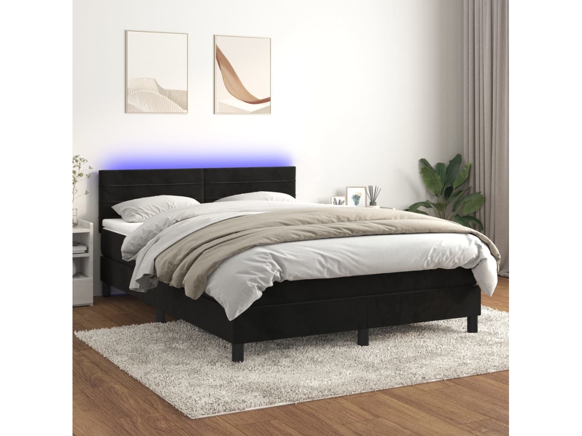 Cama Box Spring Colchón Y Led Terciopelo Negro 140x190 Cm