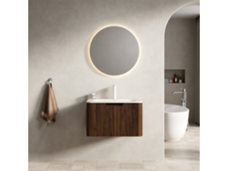 Roz Lavabo De Baño De Pared 60cm, Cubeta Inferior Curvada De Piedra Travertino, Armario Listonado