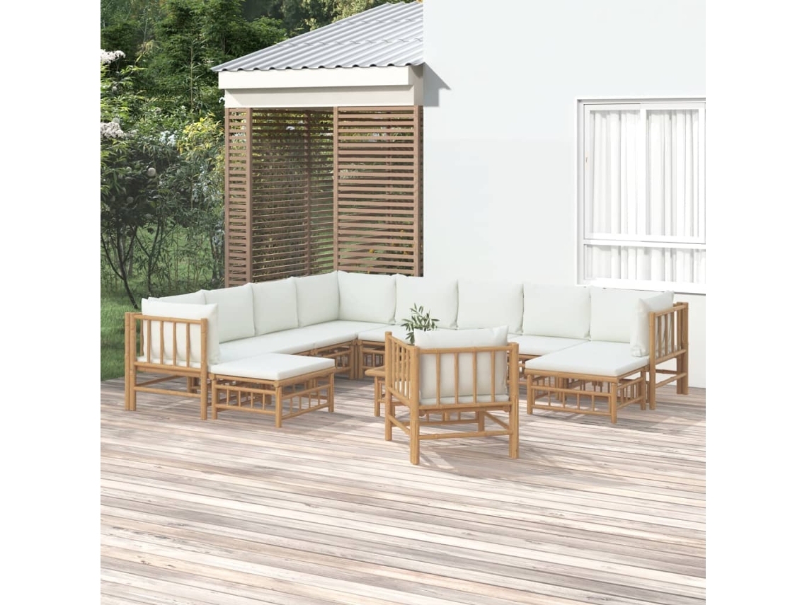 Conjunto de jardín de bambú de 12 piezas con cojines en blanco y crema DKD Home Decor