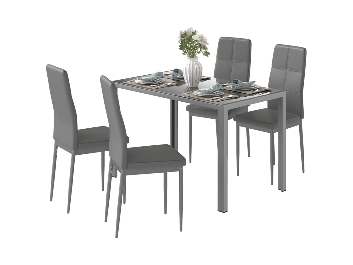 Juego De Comedor De 5 Piezas, Mesa Con 4 Sillas, De Polipiel, Metal Y Cristal Gris.