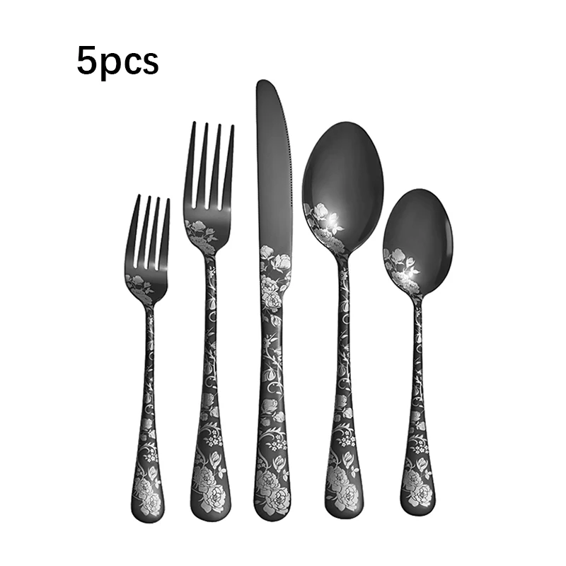 Juego de cubiertos de acero inoxidable de 5 piezas: cuchillo, tenedor y cuchara, estilo hotelero; cuchillo y tenedor para carne, estilo occidental. MDUG