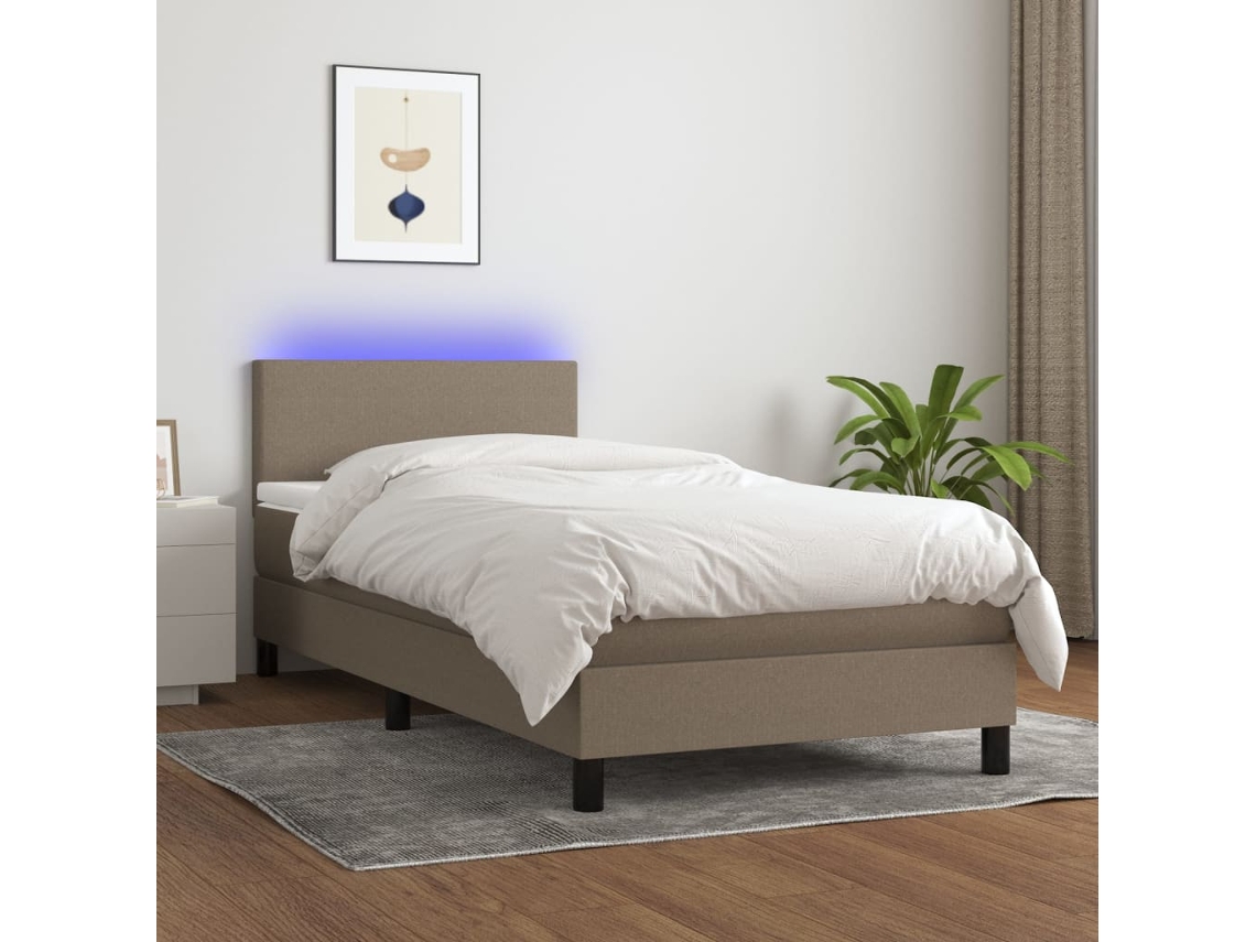 Cama Box Spring Con Colchón Led Tela Gris Taupe 90x200 Cm