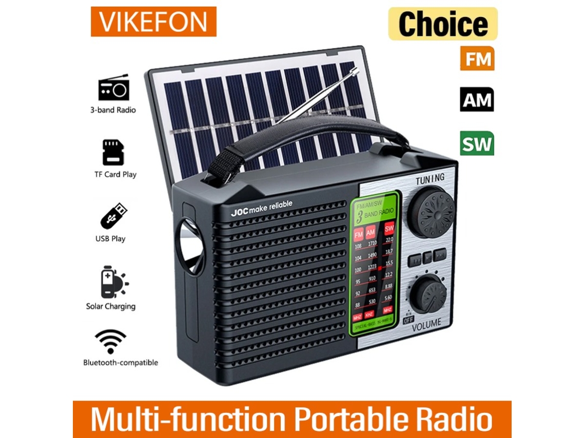 Radio portátil multifuncional FM/AM/SW Viewleaf, recargable con USB, tarjeta TF, energía solar, altavoz Bluetooth inalámbrico y receptor FM.
