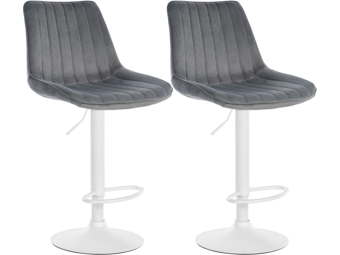 Juego de 2 taburetes giratorios de 360° con altura regulable, asiento de terciopelo gris, costuras verticales y patas de metal blanco 10_0006729