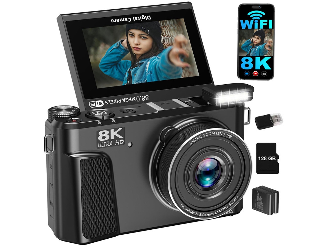 Cámara Digital Wd3 Szsmart 8k 88mp Autofocus Vlogging Con Wifi, Pantalla Flip 180° 3" Y Zoom 18x Para Youtube – 128gb + 2 Baterías - Negro