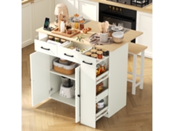 Isla De Cocina Extensible Con Zona De Comedor - Con Estantes Ajustables, Cajones, Regletas De Enchufes Y 2 Sillas - Blanco