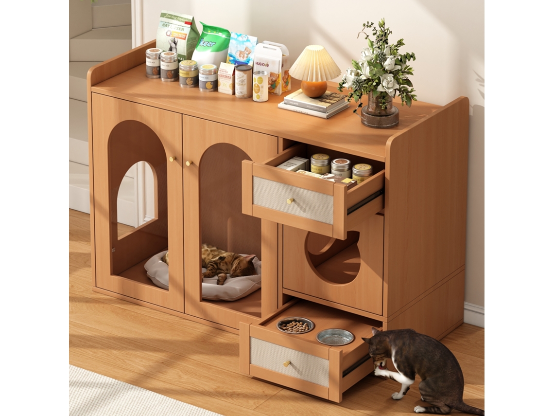 Mueble Multifuncional Para Gatos Con Caja De Arena Y Comederos Integrados
