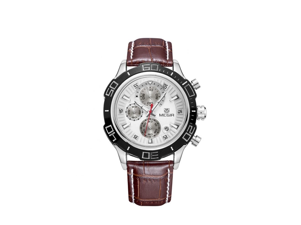 Reloj Hombre Megir Fashion Multifunción Metal Impermeable Correa Ajustable Cuero Marrón
