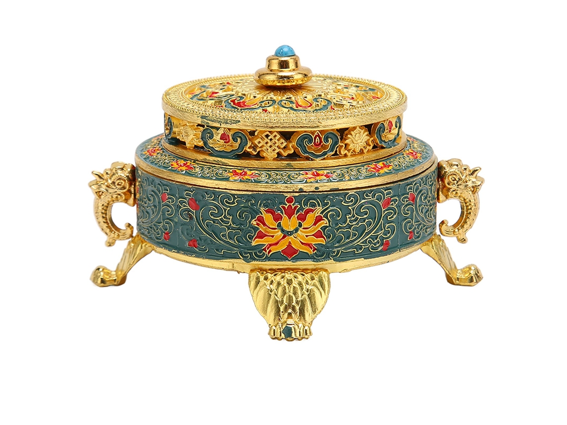 Quemador De Incienso Antiguo Pulido, Hecho A Mano, Con Tapa, Aleación De Metal, Decoración Azul Para Meditación.