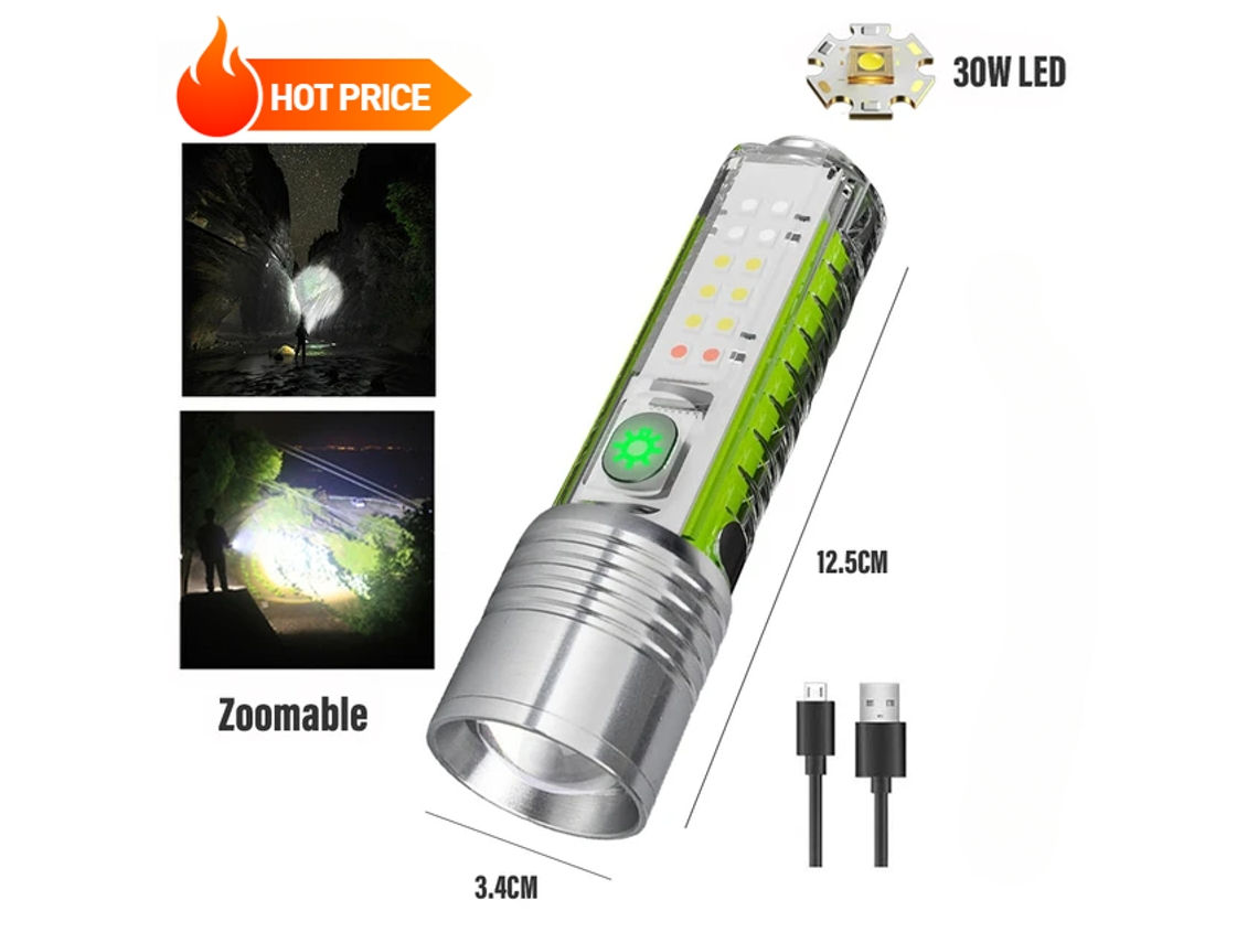 Linterna fluorescente LED superbrillante de 30 W con clip de bolsillo, 8 modos, ideal para emergencias al aire libre. Aeuzwr