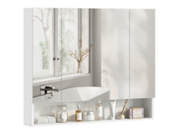 Armario de baño con espejo, 3 puertas y estantes, blanco.