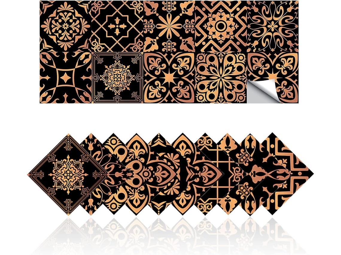 Omni-calcomanías De Azulejos Adhesivos Retro Oro Negro Estilo Marroquí Resistente Al Agua Y Aceite Para Baño Y Cocina 20.15x15cm