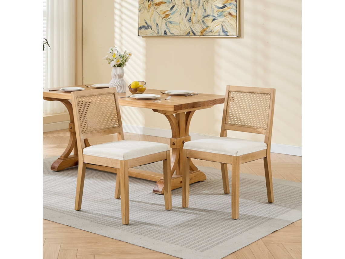 Juego De 2 Sillas De Comedor De Ratán Estilo Rústico, Mimbre Y Madera, Color Beige.