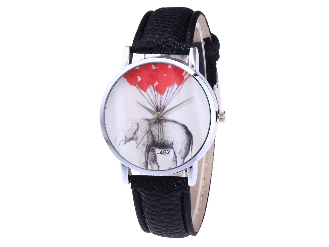 Reloj De Cuarzo Negro Con Correa De Cuero Con Estampado De Elefante, Universal, Sencillo.