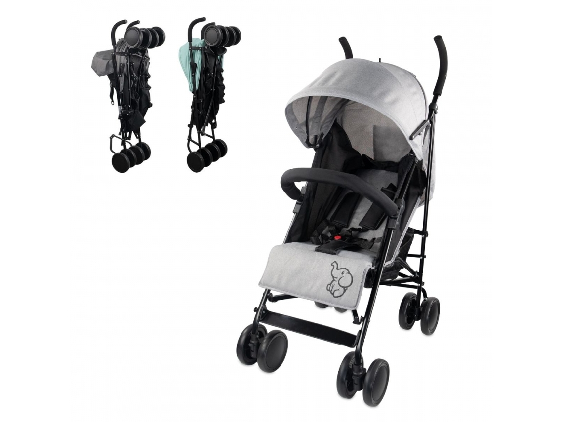 Cochecito de bebé plegable Mobiclinic con respaldo reclinable y ruedas extraíbles. Peso máximo 15 kg. Cesta extragrande, elefante.