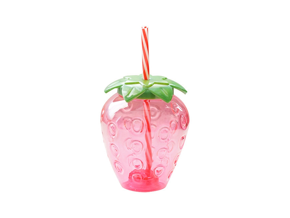 Vasos y pajitas de plástico con forma de fresa en envase de espuma.