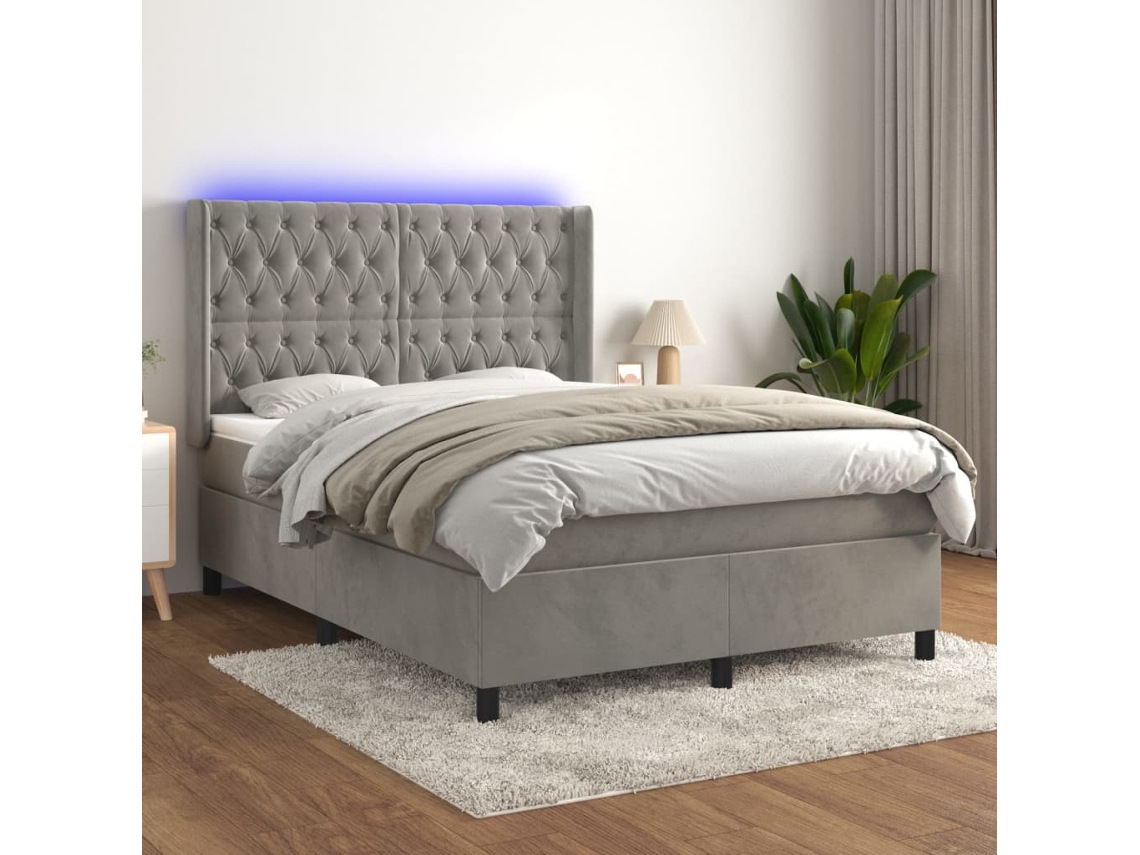 Cama Box Spring Colchón Y Led Terciopelo Gris Claro 140x190 Cm