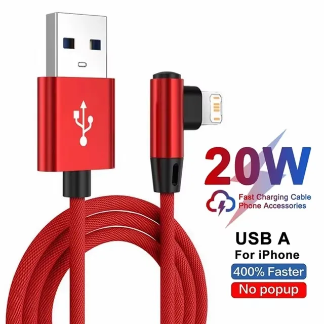 Cable De Datos Usb De Carga Rápida En Ángulo Recto (rojo, 2 M) Para Iphone, Con Diseño Trenzado Y Curvado.