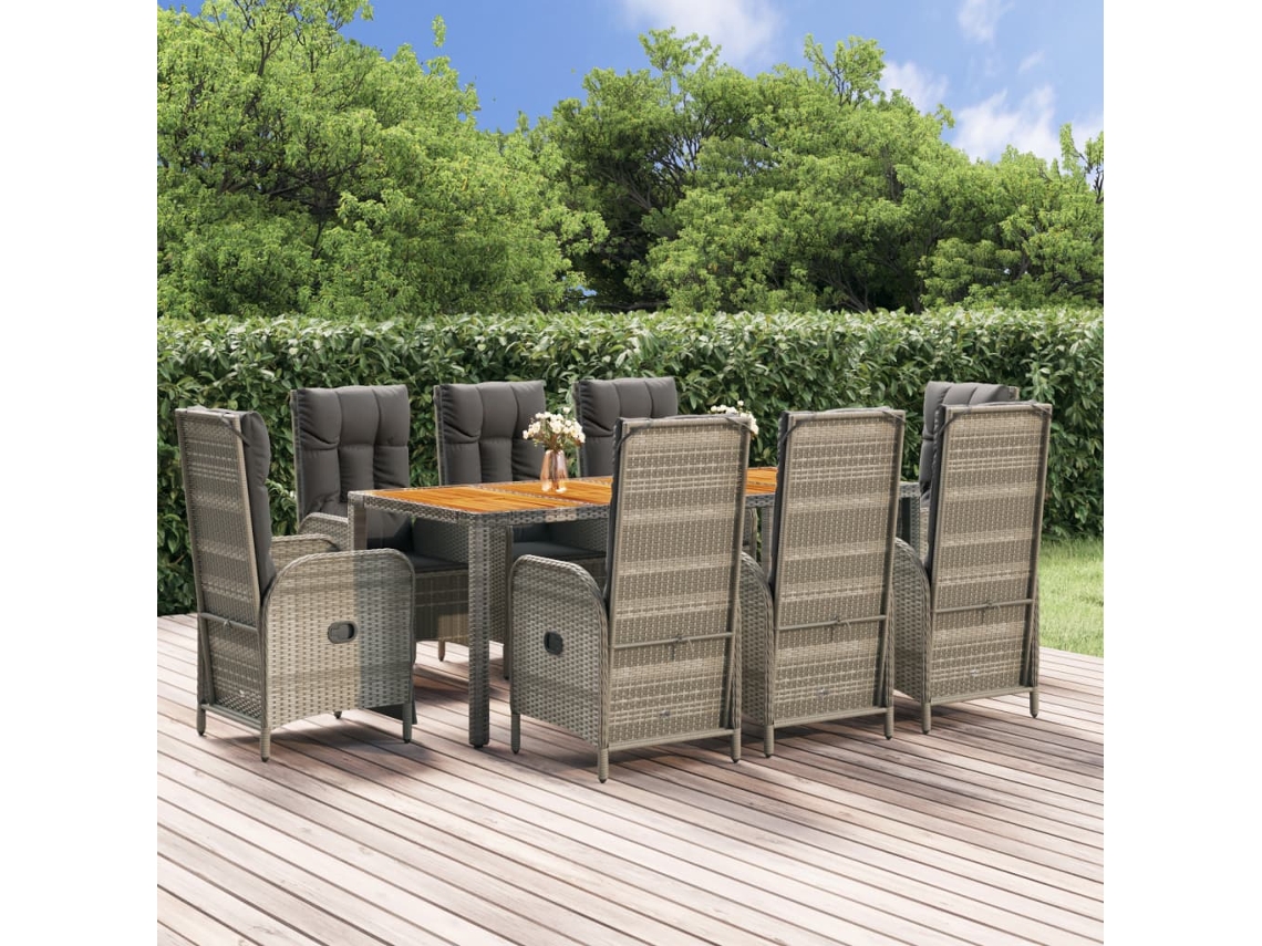 Juego de comedor de jardín de 9 piezas DKD Home Decor con cojines de mimbre gris