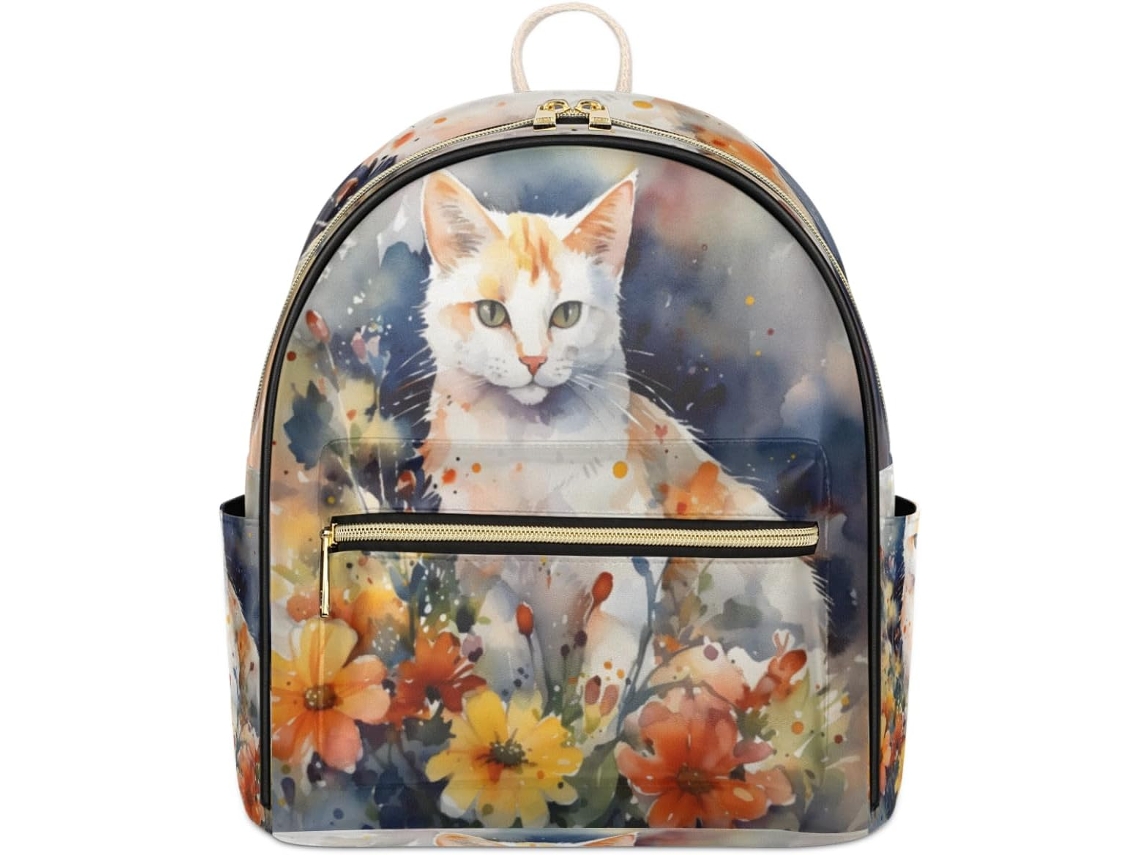 Mochila Tropicallife de piel con estampado de gato y flores en acuarela, impermeable.