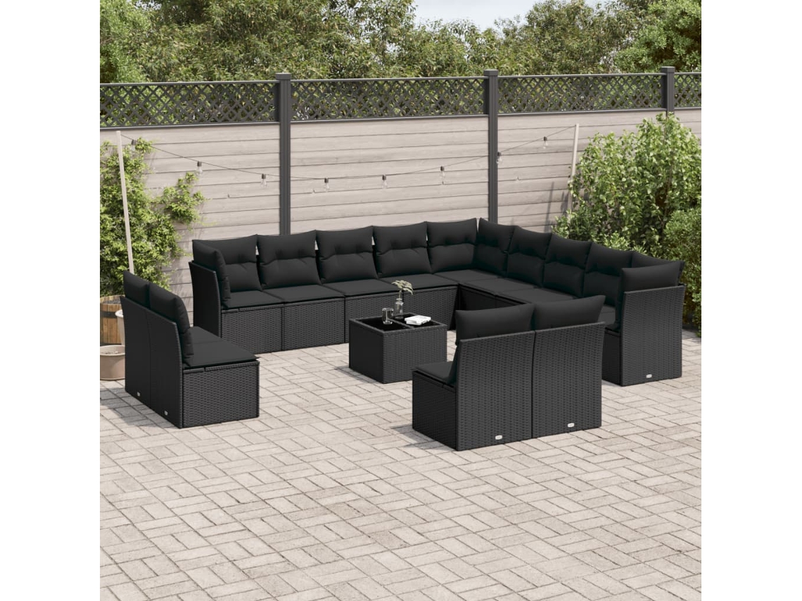 Conjunto de sofá de jardín de 14 piezas con cojines, ratán negro, Dkd Home Decor