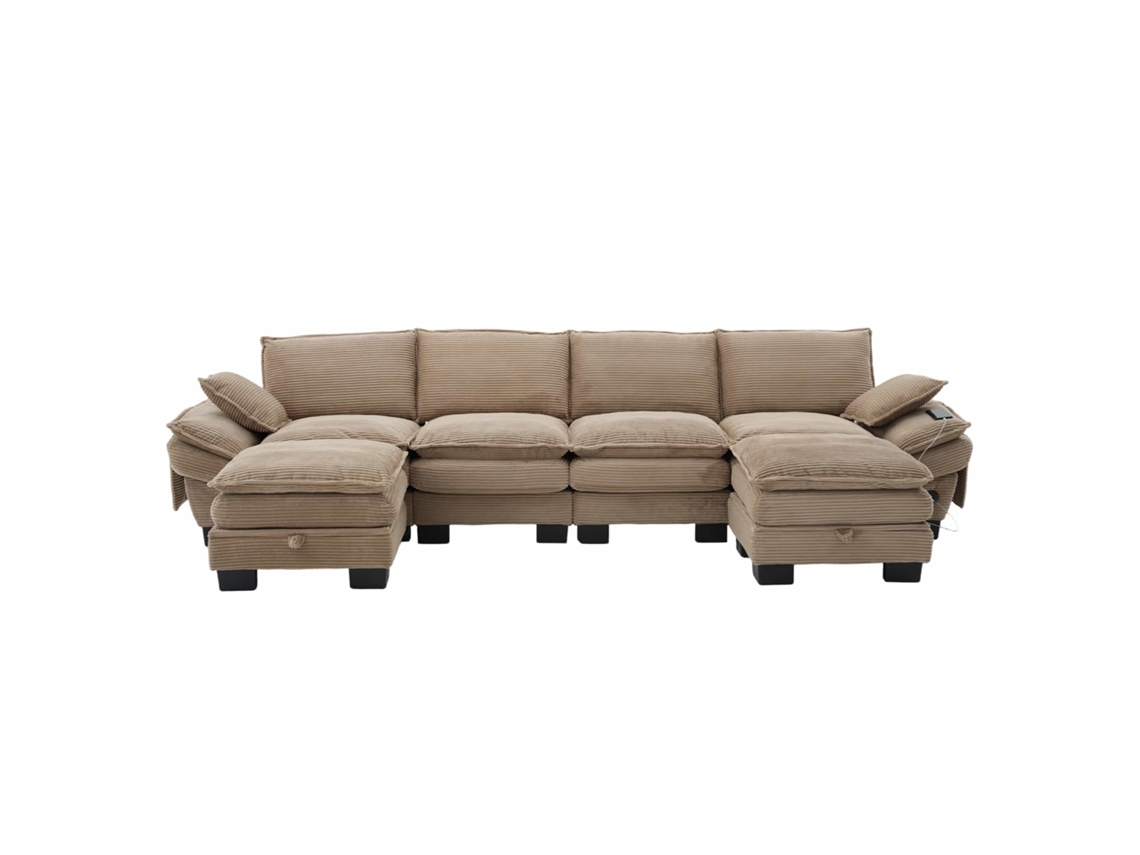 Sofá modular de 4 plazas - Asiento ancho, diseño ergonómico, espuma de alta densidad, puerto USB-C y bolsillos laterales - Caqui