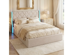 Cama Matrimonio 160x200 Cm, Con Almacenaje Hidráulico, Estructura De Cama Tapizada En Terciopelo Con Cabecero Y Luces Led, Beige
