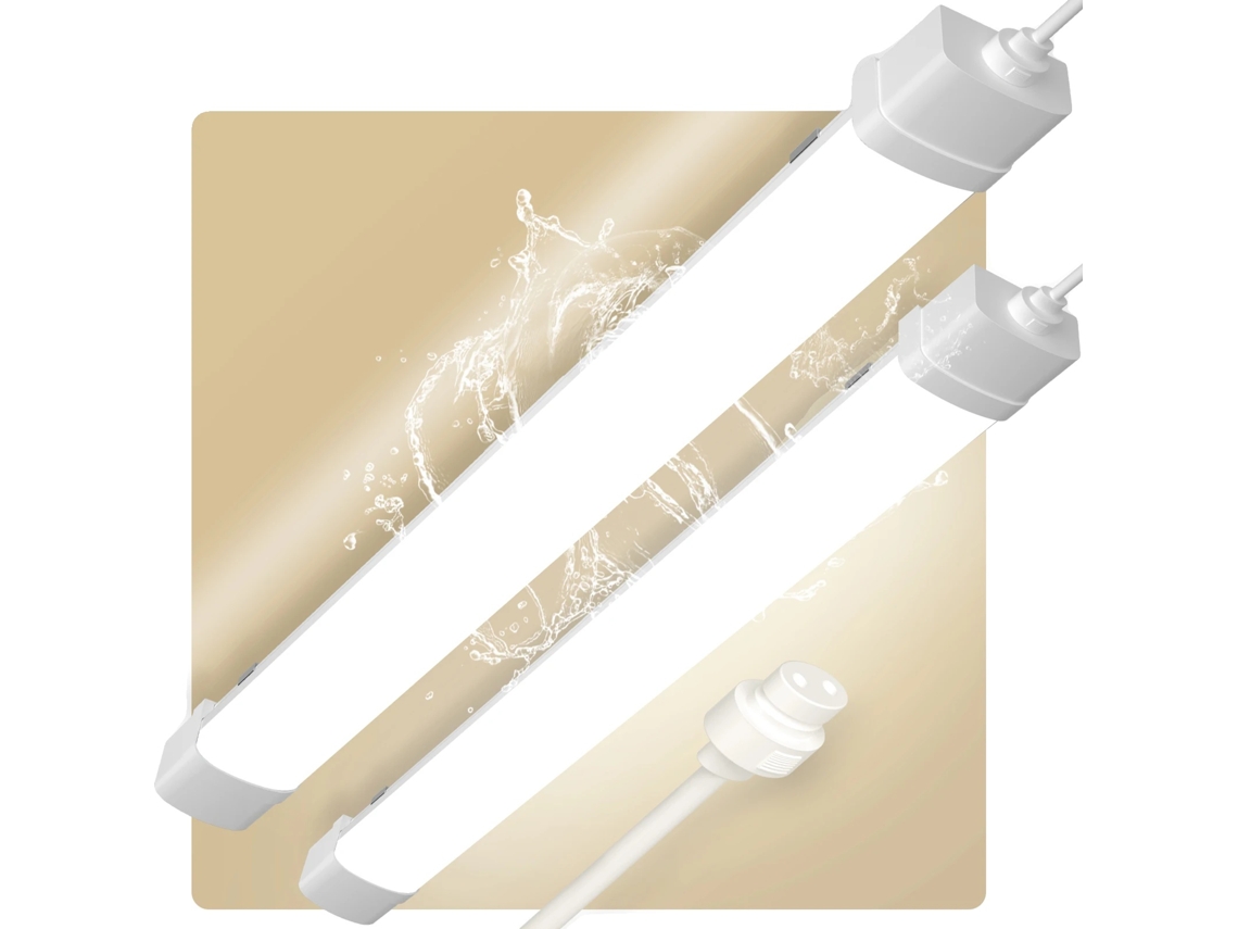 Lámpara LED lineal, diseño impermeable, bajo consumo energético, blanco neutro.