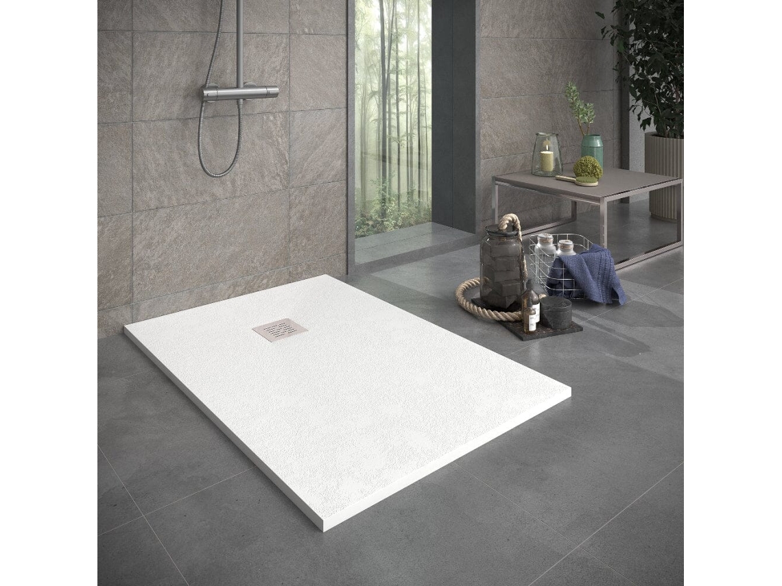Base de ducha Sierra de resina blanca de 100x90 cm con rejilla de acero inoxidable RC