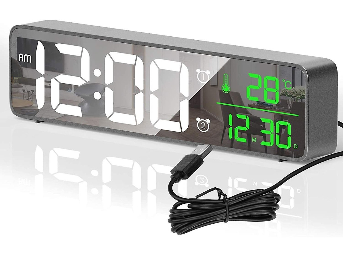 Reloj despertador digital con espejo LED, 41 sonidos, temperatura, fecha, brillo ajustable, pantalla grande, gris, Yizhood