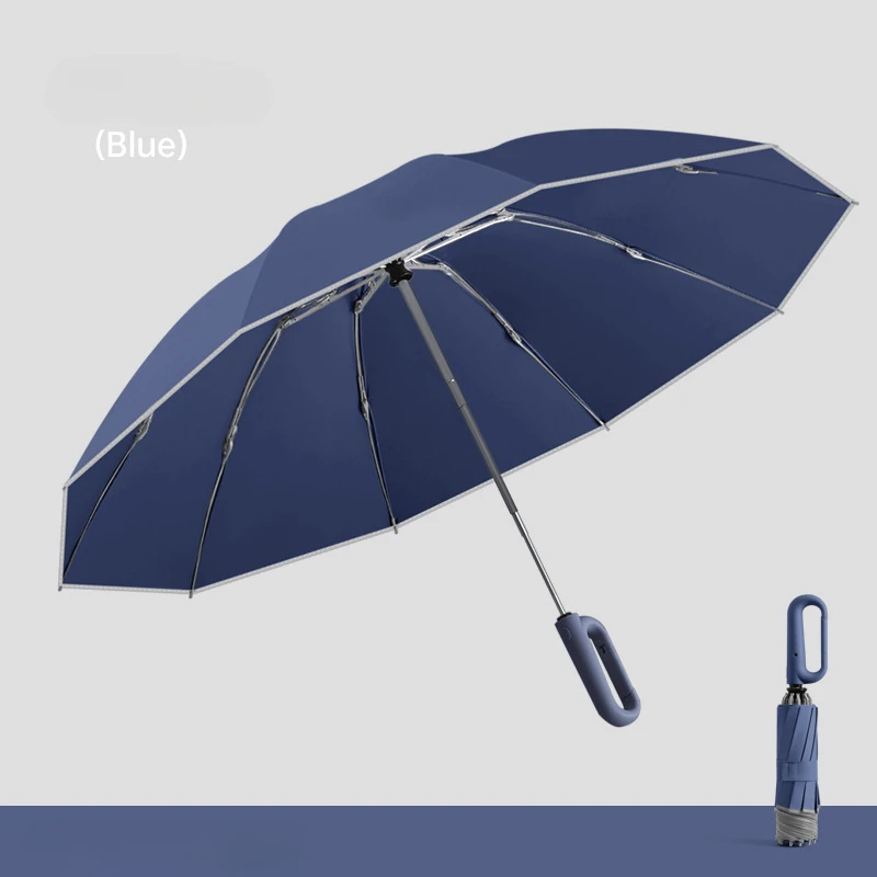 Paraguas Plegable Automático Reversible (azul Marino 10k), Resistente Al Viento Y Seguro, Con Tiras Reflectantes.
