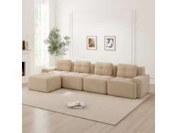 Sofá modular de 4 plazas con chaise longue larga, asiento profundo, cómodo, antideslizante, beige MOBRIO