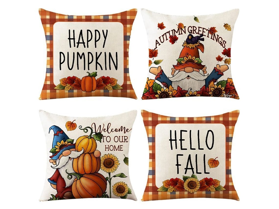 Rebe-fundas De Almohadas De Otoño 45x45cm Set De 4 Con Calabazas Y Motivos Plaid Para Sofá Y Hogar