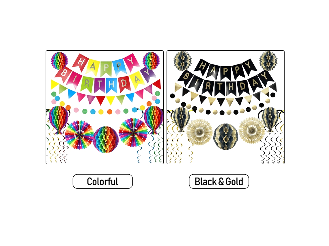 Juego De Decoración De 18 Piezas En Negro Y Dorado Para Fiestas De Cumpleaños Con Banderas, Abanicos Y Globos Para Fiestas Temáticas.
