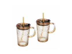 Relaxdays Set De 2 Vasos, Jarras Para Beber Con Tapa Y Pajita, Jarritas Batidos Y Zumos 450 Ml, Con Asa, Marrón Claro