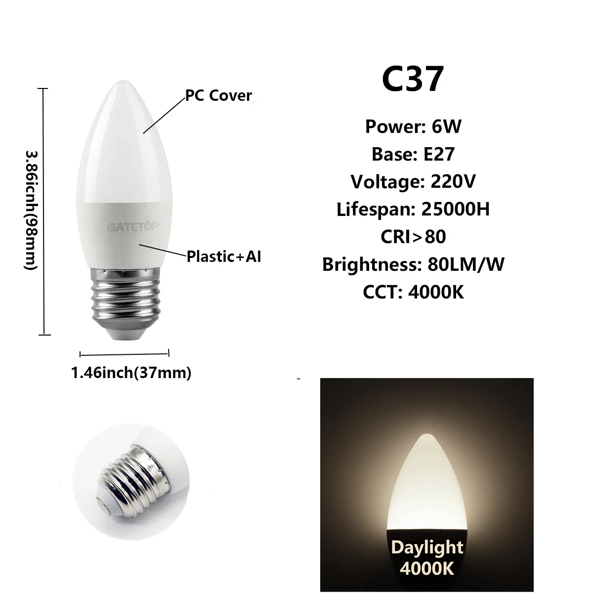 Bombillas Led (c37 6w E27 4000k) Paquete De 10 Unidades, Adecuadas Para La Decoración Del Hogar, El Estudio Y El Baño.