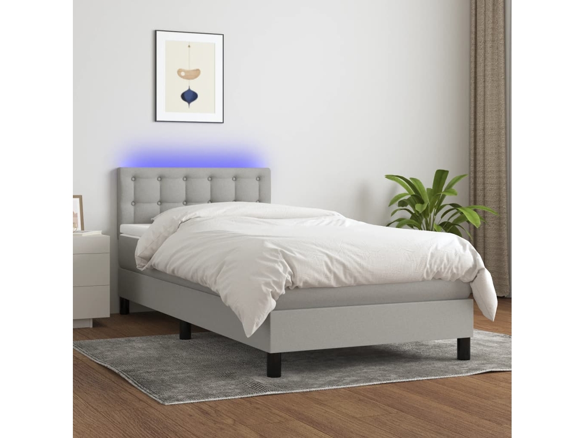 Cama Box Spring Colchón Y Luces Led Tela Gris Claro 80x200 Cm
