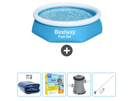 Piscina Hinchable Redonda Fast Set BESTWAY - 244 x 61 cm - Azul - Incluida Vela solar - Paquete de mantenimiento - Bomba - kit de limpieza