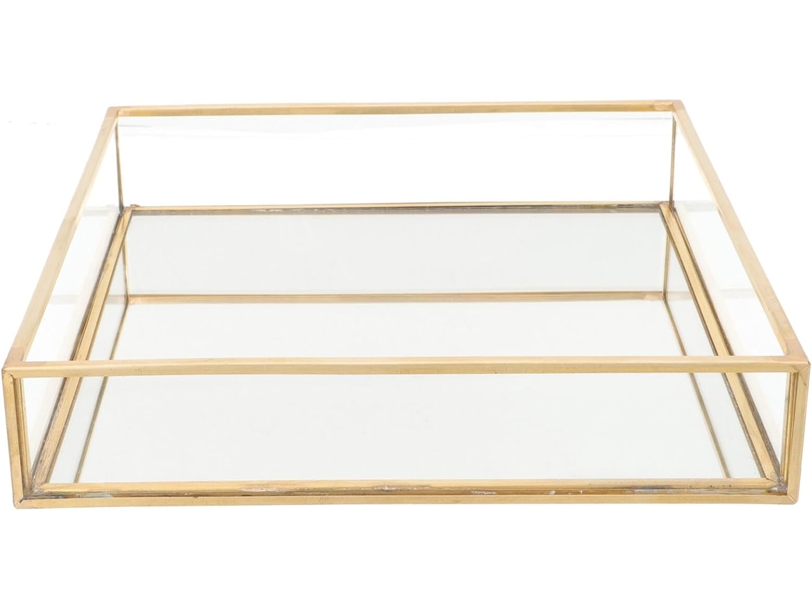 Bandeja De Vidro Decorativa Nuobesty 20x20x5 Cm Com Moldura Em Latão Dourado Para Organização De Joias E