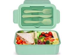 Fiambrera Bento De 1400 Ml Con 3 Compartimentos, Libre De Bpa, Para Adultos Y Niños, Color Verde.