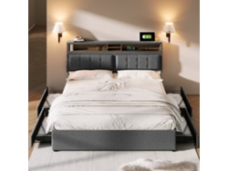 Cama Doble De 140x200 Cm Con Espacio De Almacenamiento, 4 Cajones, Cabecero Ajustable, Usb-c, Estructura De Madera, Colchón No Incluido.gris