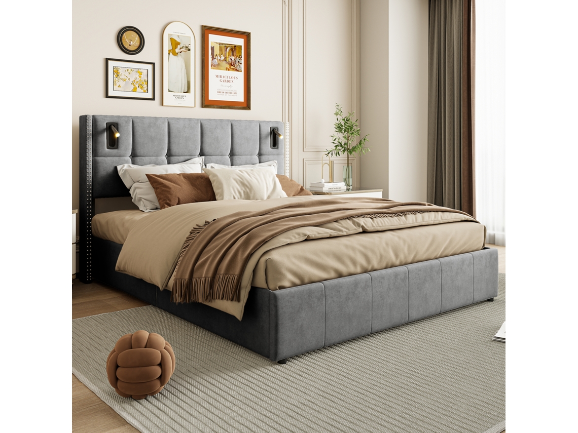 Cama LED de 140 x 200 cm, somier con láminas y espacio de almacenaje, cama juvenil funcional en terciopelo, color gris Ycone