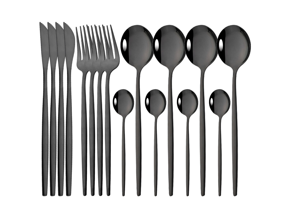 (negro) Juego De Cubiertos De 16 Piezas, Cubiertos De Acero Inoxidable Con Acabado Espejo, Tenedor, Cuchara Y Cuchillo.