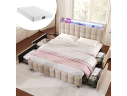 Cama Doble 160x200 Cm, Almacenamiento, Cabecero Led Con Usb, 4 Cajones, Madera Beige, Con Colchón.
